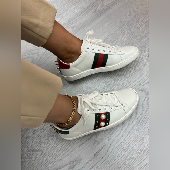 Gucci Ace Sneakers US 5 White Pearls Spikes Red Green Heel Authentic Aesthetic - Picture 1 of 12